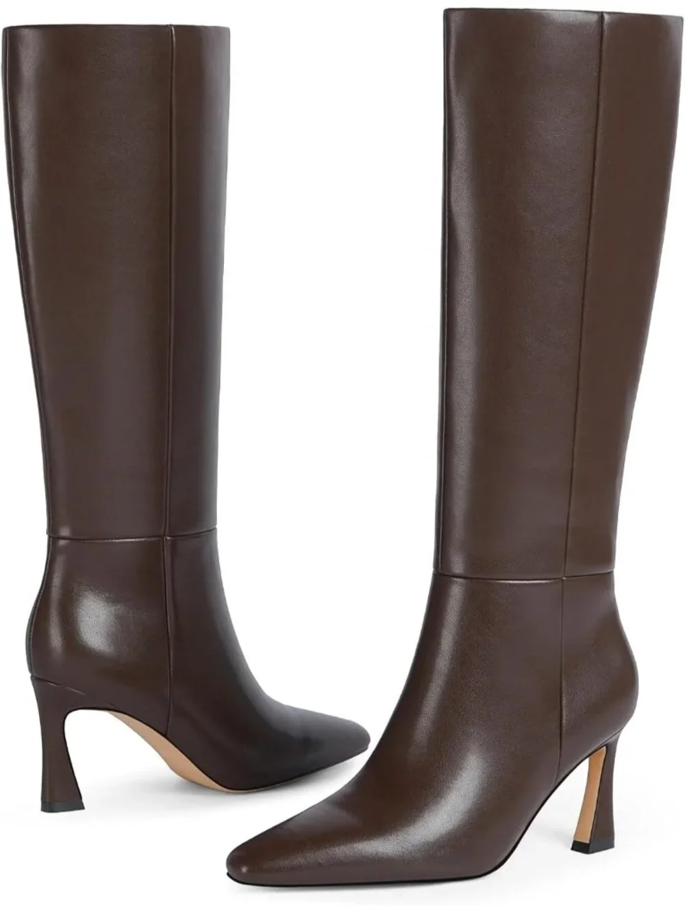 Women's Chocolate Faux Leather Square Toe Side Zipper Fashion Heeled Tall Boots